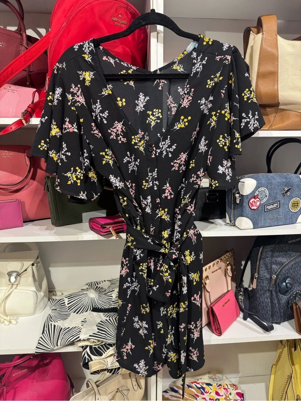 0117 Good Luck Gem Black Floral V-Neck romper with Pink and Yellow Accents - Picture 6 of 6